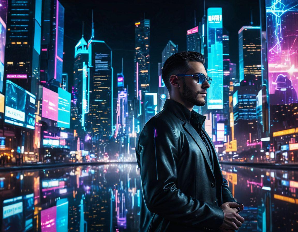 A visionary tech consultant standing confidently before a bustling cityscape with digital holograms of web solutions and analytics in the background, symbolizing mastery in web consultation. The city lights reflect the infinite possibilities of the digital age. cyberpunk. vibrant colors.